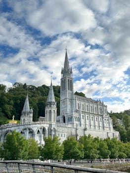 A breathtaking capture of a majestic basilica showcasing Neo-Gothic architecture under a vibrant blue sky.